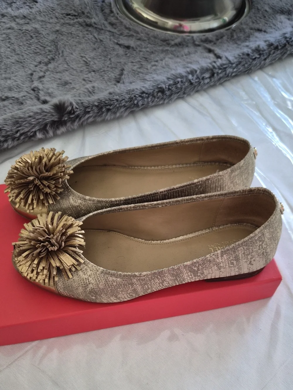 Michael Kors Gold-Tone Pom Pom Ballet Flats